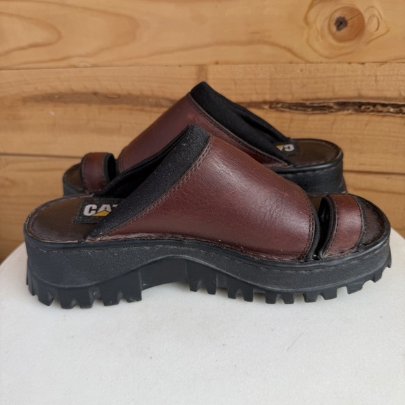 Vtg CAT Caterpillar Leather Chunky Y2K Platform Sandals Brown Sz 7 Toe Loop - Picture 3 of 8